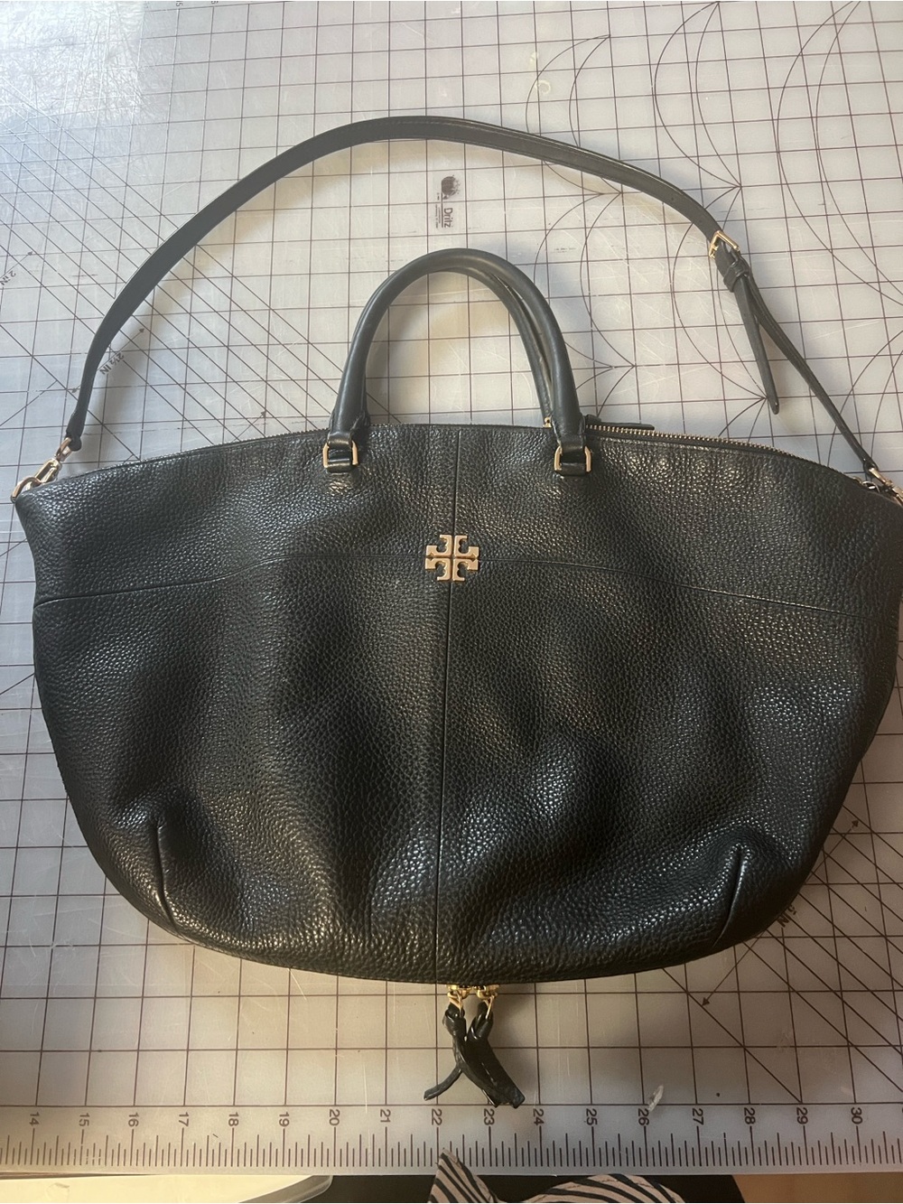 Tory Burch Black Pebbled Leather Tote with Gold Logo